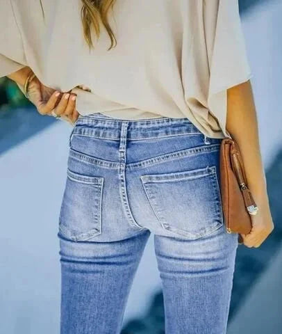 WW | Jeans gewaschen Knopf Damenjeans Jeans mit hoher Taille