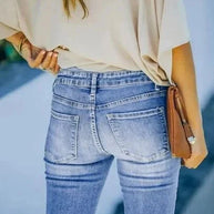 WW | Jeans gewaschen Knopf Damenjeans Jeans mit hoher Taille