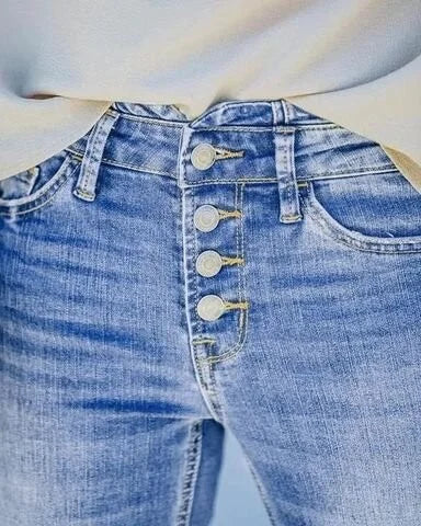 W&W Mode | Jeans gewaschen Knopf Damenjeans Jeans mit hoher Taille