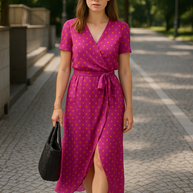 Maxikleid mit Punkten – Luftiges Kleid mit V-Ausschnitt, Bindegürtel & Schlitz