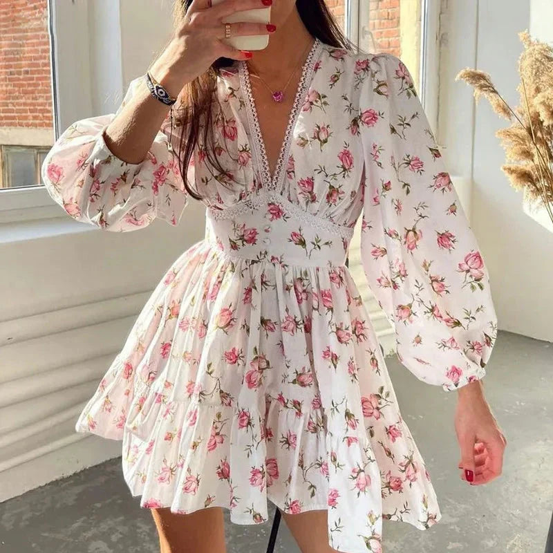 W&W Mode | Kleid Lange Ärmel V Ausschnitt Minikleid Sommerkleid