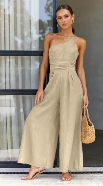 WW | Jumpsuit Eine Schulter Asymmetrisch Flowy Passform Elegante Weite Beine