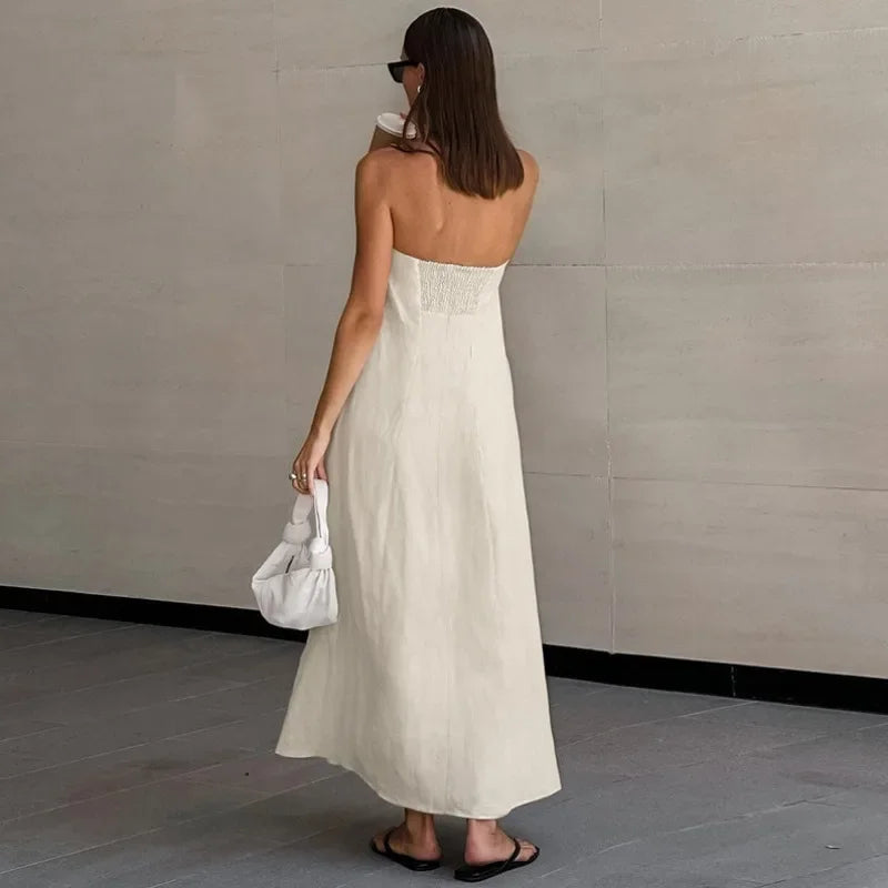 Sophia™ - Khaki Leinen A-Linien-Kleid mit Taschen