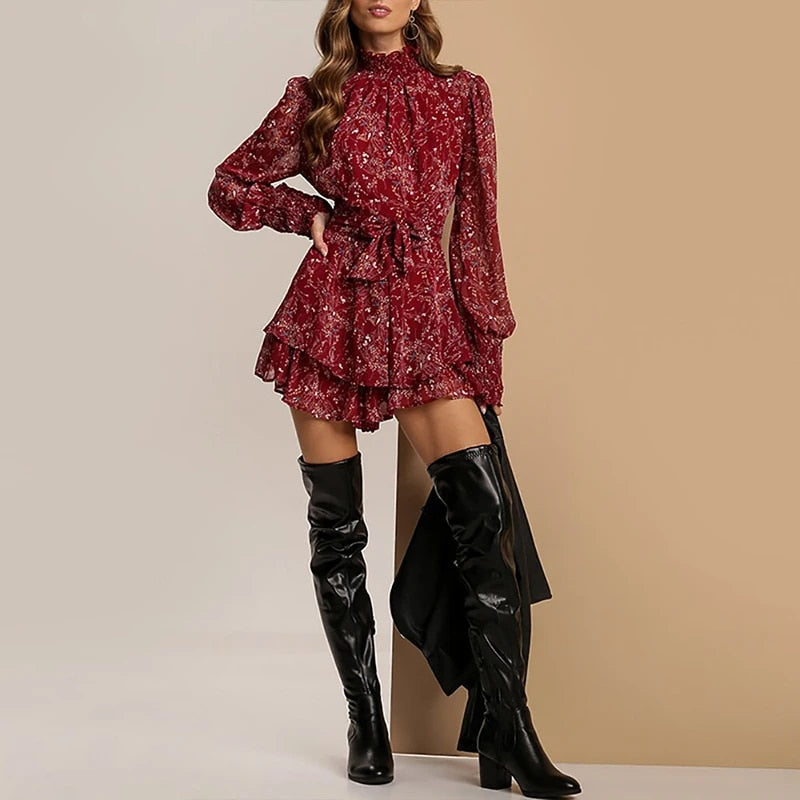 WW | Minikleid mit Gerafftem Rollkragen und Plissiertem Blumenmuster für Damen