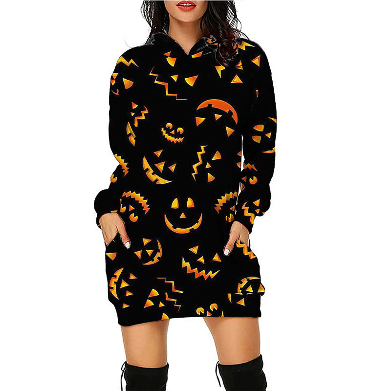 WW | Halloween-Druck midilange Taschen Kapuzen langärmliger Pullover