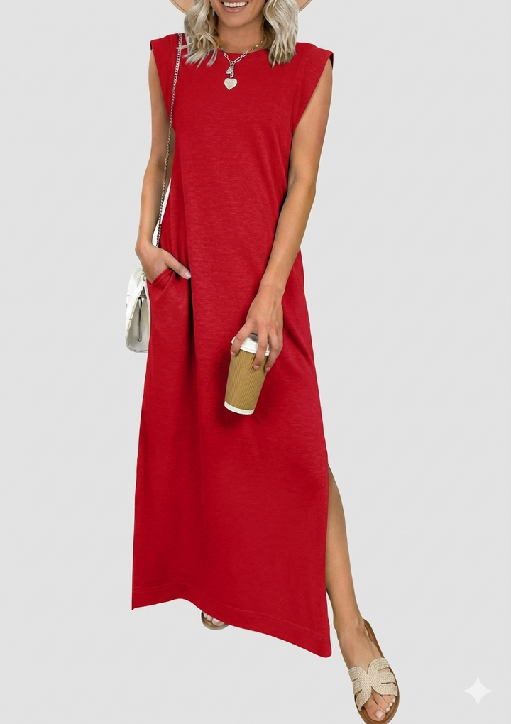Damen lässiges Midi-Kleid mit tiefem Ausschnitt und praktischen Taschen W&W Mode