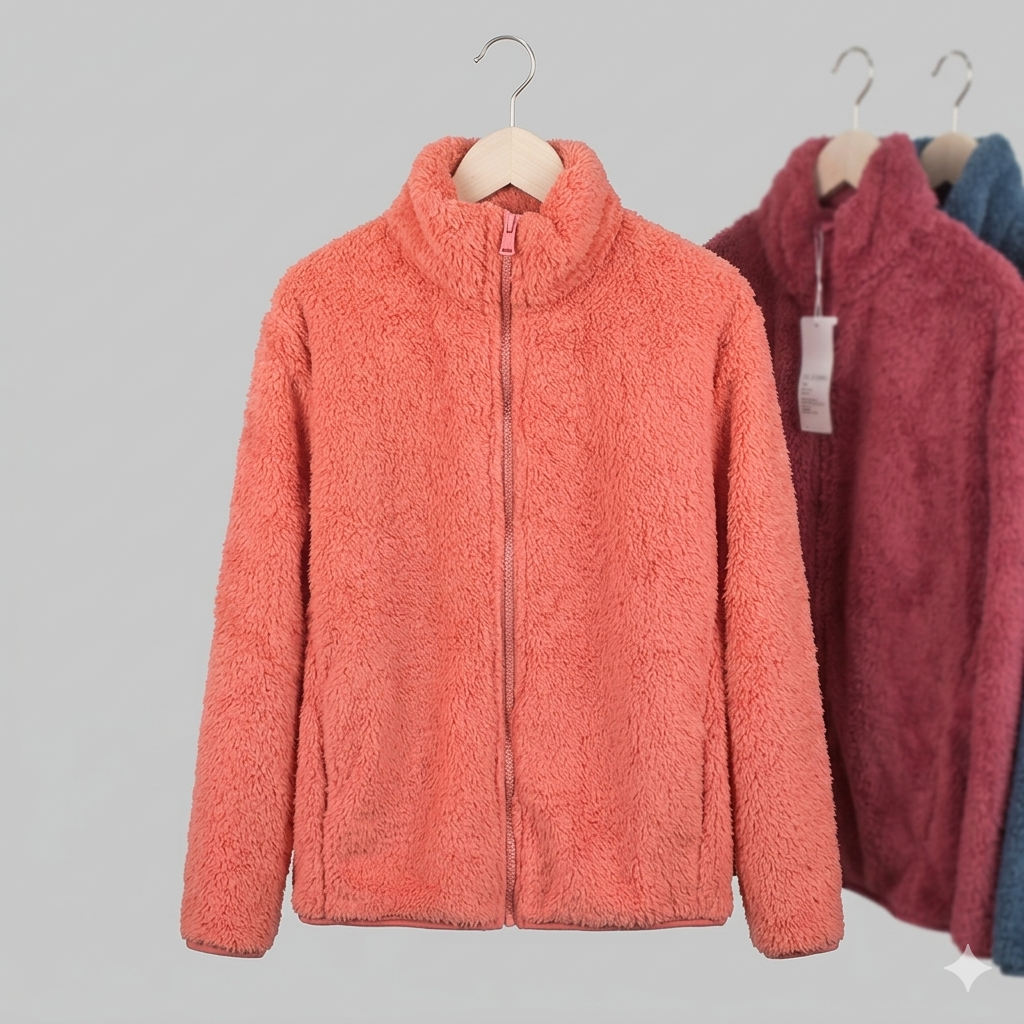 Damen Flauschige Fleecejacke mit hohen Kragen und seitlichen Taschen W&W Mode