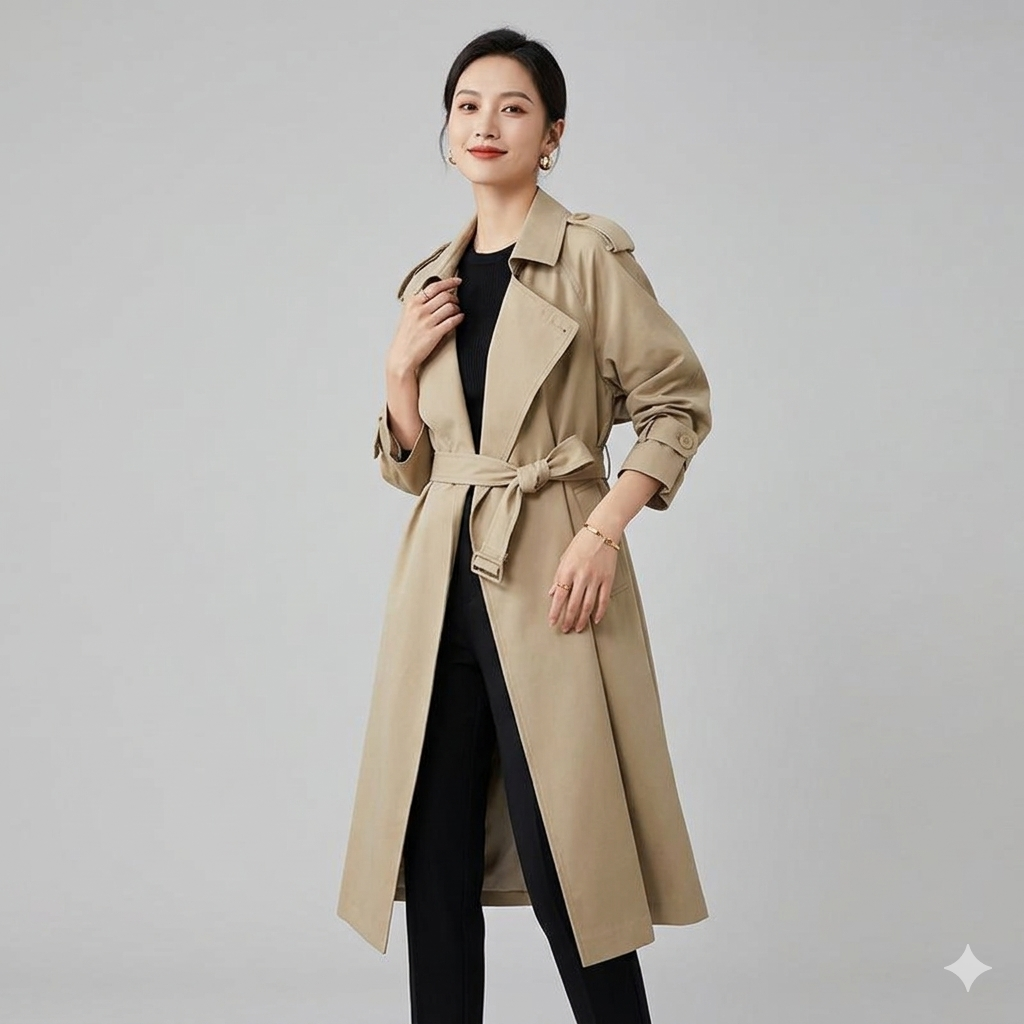 W&W Mode | Eleganter Langer Trenchcoat Bürotasche mit Gürtel