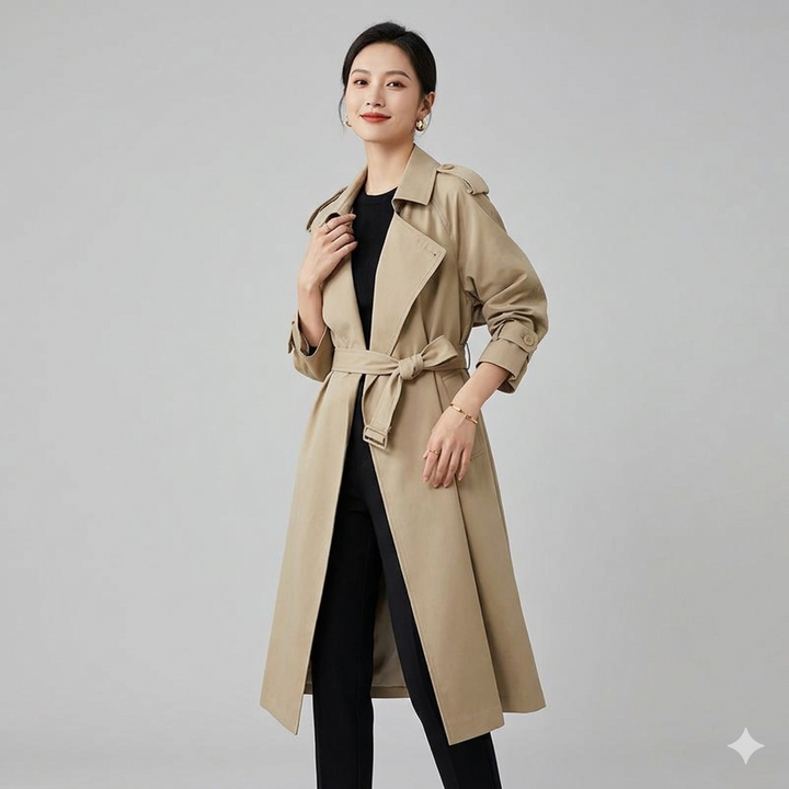 W&W Mode | Eleganter Langer Trenchcoat Bürotasche mit Gürtel