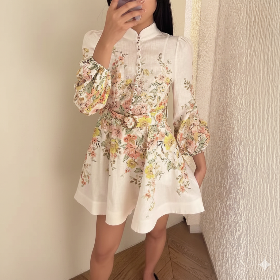 WW | Baumwolle & Leinen Puffärmel Blumen Gürtel Kleid