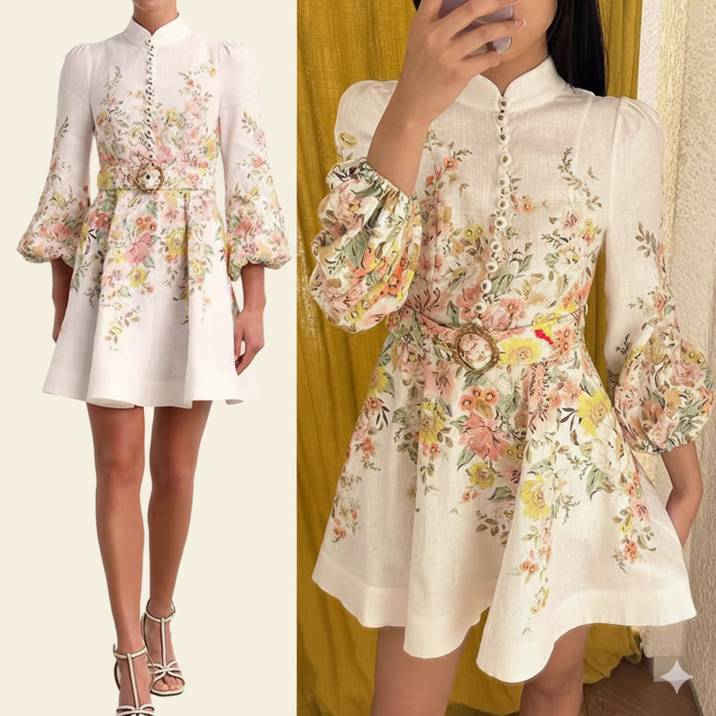 Damen Kleid aus Baumwoll-Leinen-Mix mit Blumenmuster, Puffärmeln und Gürtel