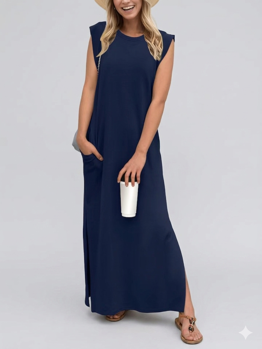 Damen lässiges Midi-Kleid mit tiefem Ausschnitt und praktischen Taschen W&W Mode