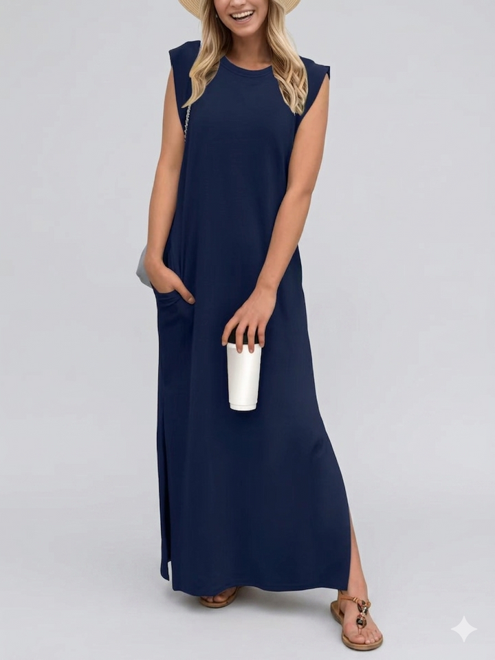 Damen lässiges Midi-Kleid mit tiefem Ausschnitt und praktischen Taschen W&W Mode
