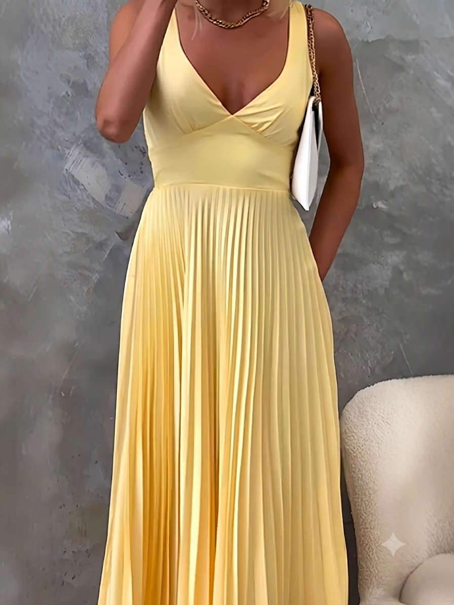 Damen Plissiertes Maxikleid mit V-Ausschnitt und schwingendem Rock W&W Mode