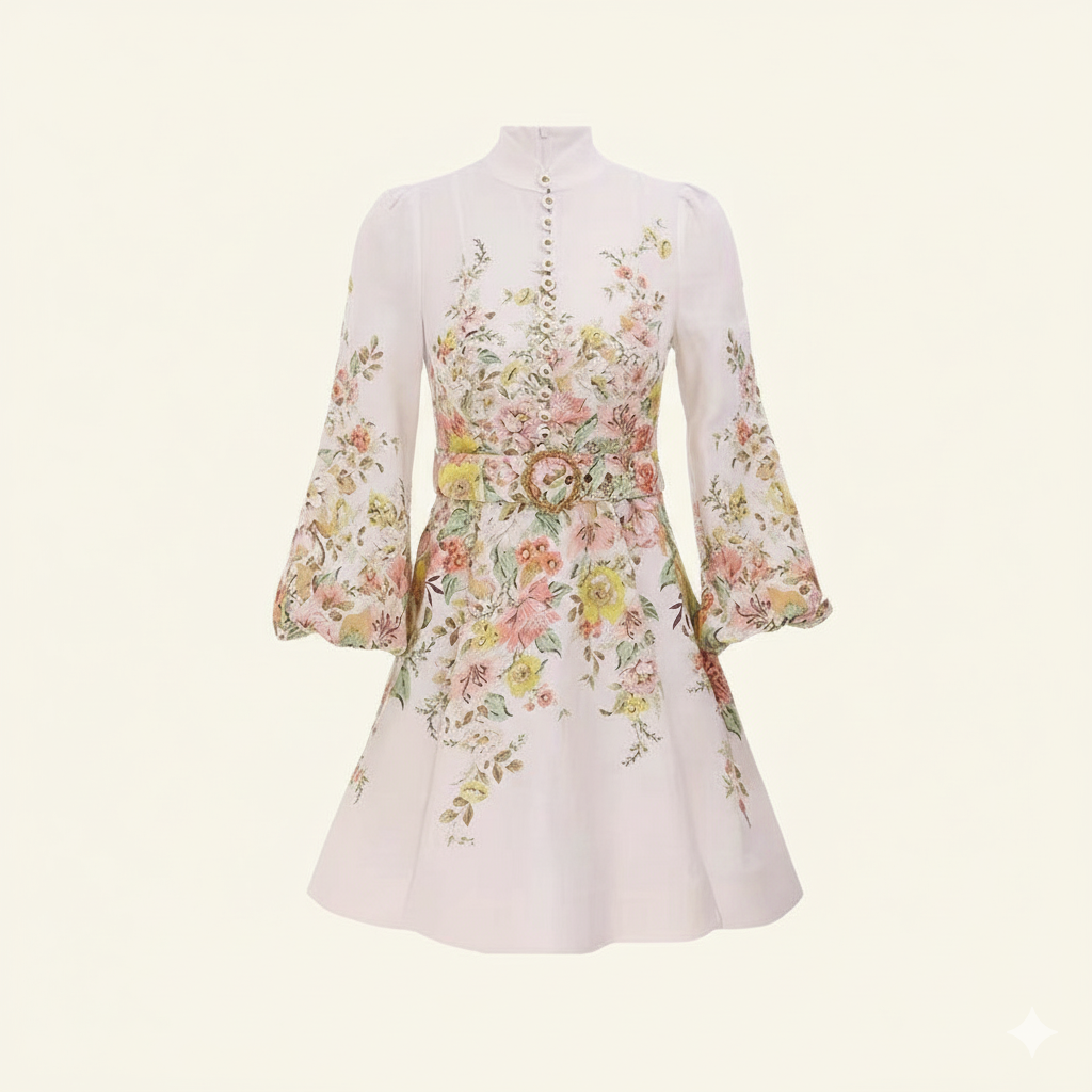 WW | Baumwolle & Leinen Puffärmel Blumen Gürtel Kleid