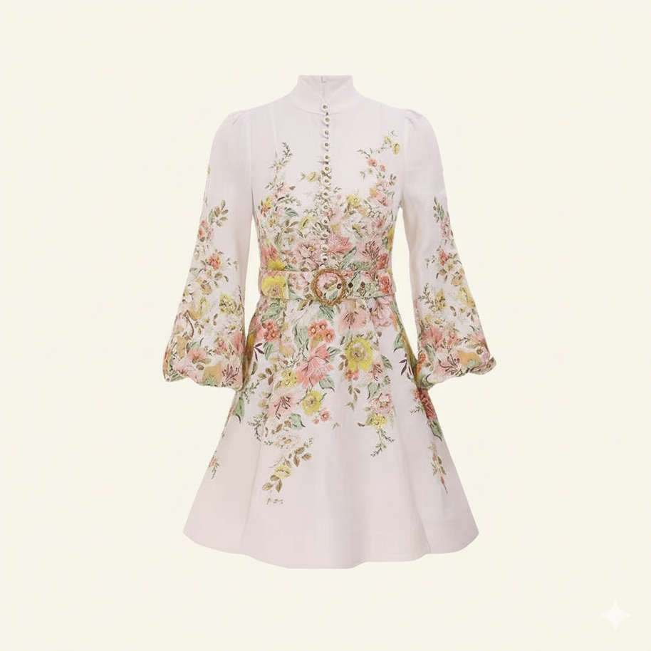 WW | Baumwolle & Leinen Puffärmel Blumen Gürtel Kleid