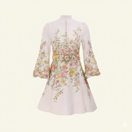 WW | Baumwolle & Leinen Puffärmel Blumen Gürtel Kleid