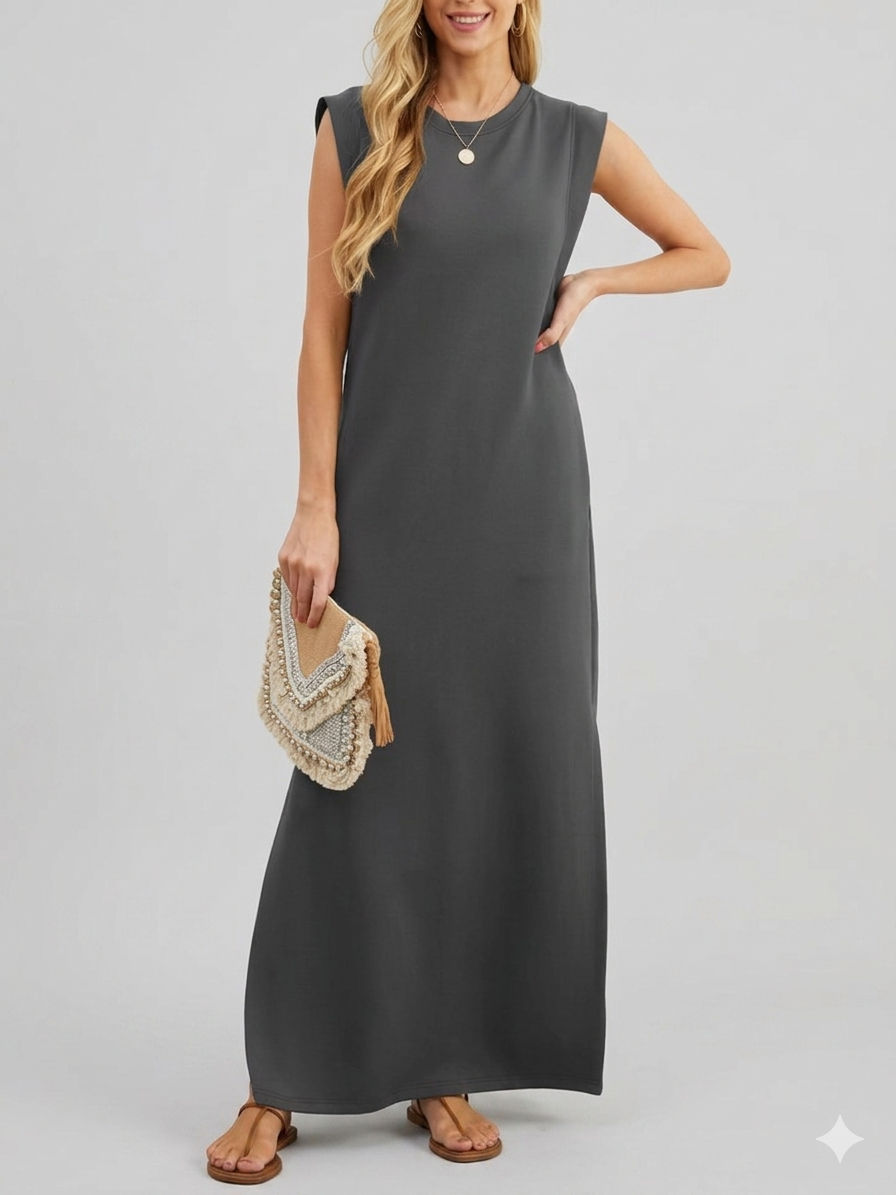 Damen lässiges Midi-Kleid mit tiefem Ausschnitt und praktischen Taschen W&W Mode