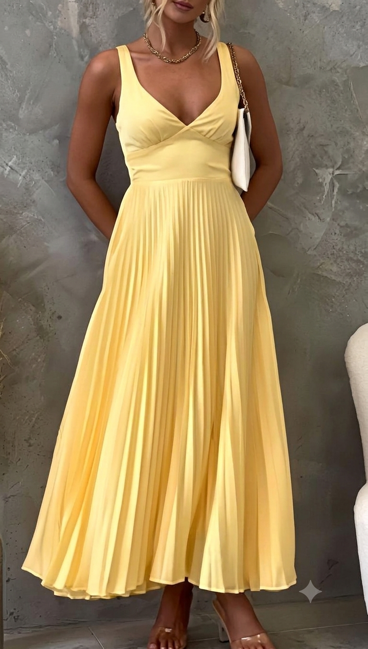 Damen Plissiertes Maxikleid mit V-Ausschnitt und schwingendem Rock W&W Mode