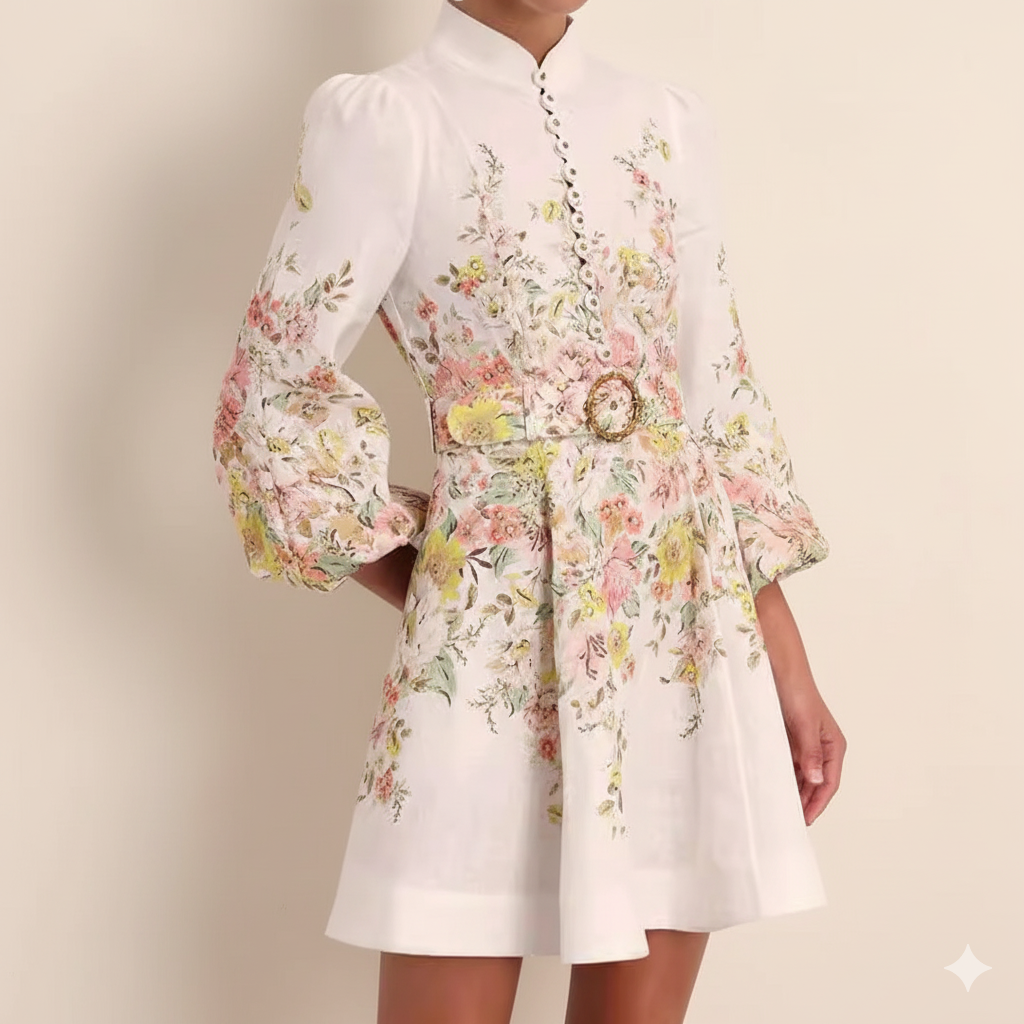 Damen Kleid aus Baumwoll-Leinen-Mix mit Blumenmuster, Puffärmeln und Gürtel