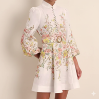 WW | Baumwolle & Leinen Puffärmel Blumen Gürtel Kleid