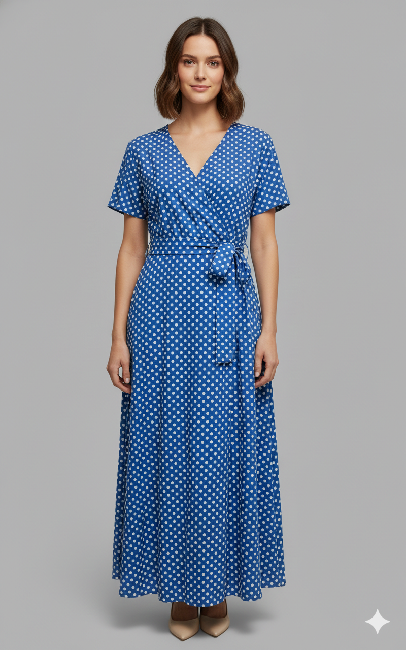 Maxikleid mit Punkten – Luftiges Kleid mit V-Ausschnitt, Bindegürtel & Schlitz