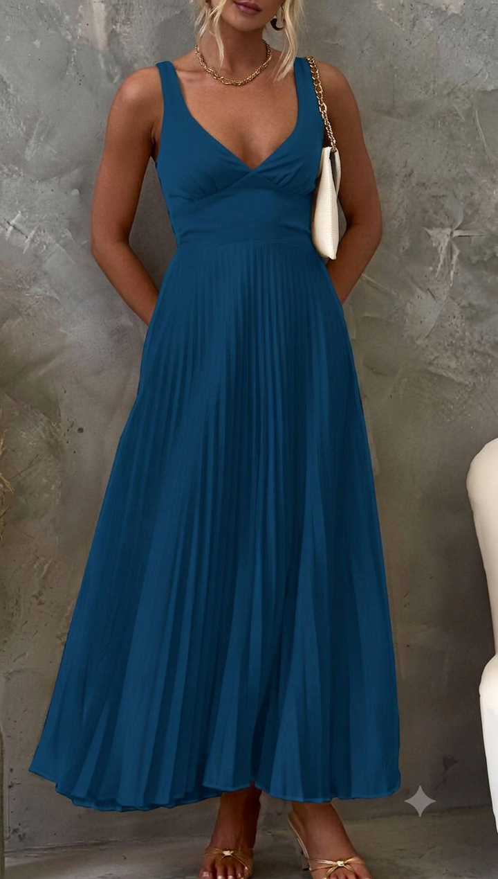 Damen Plissiertes Maxikleid mit V-Ausschnitt und schwingendem Rock W&W Mode