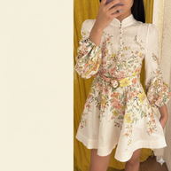 WW | Baumwolle & Leinen Puffärmel Blumen Gürtel Kleid