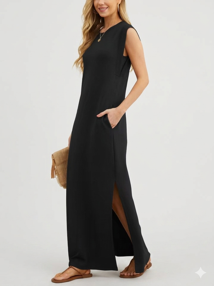 Damen lässiges Midi-Kleid mit tiefem Ausschnitt und praktischen Taschen W&W Mode