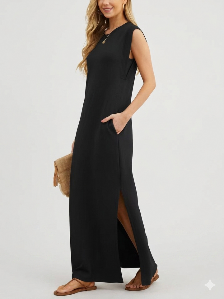 Damen lässiges Midi-Kleid mit tiefem Ausschnitt und praktischen Taschen W&W Mode