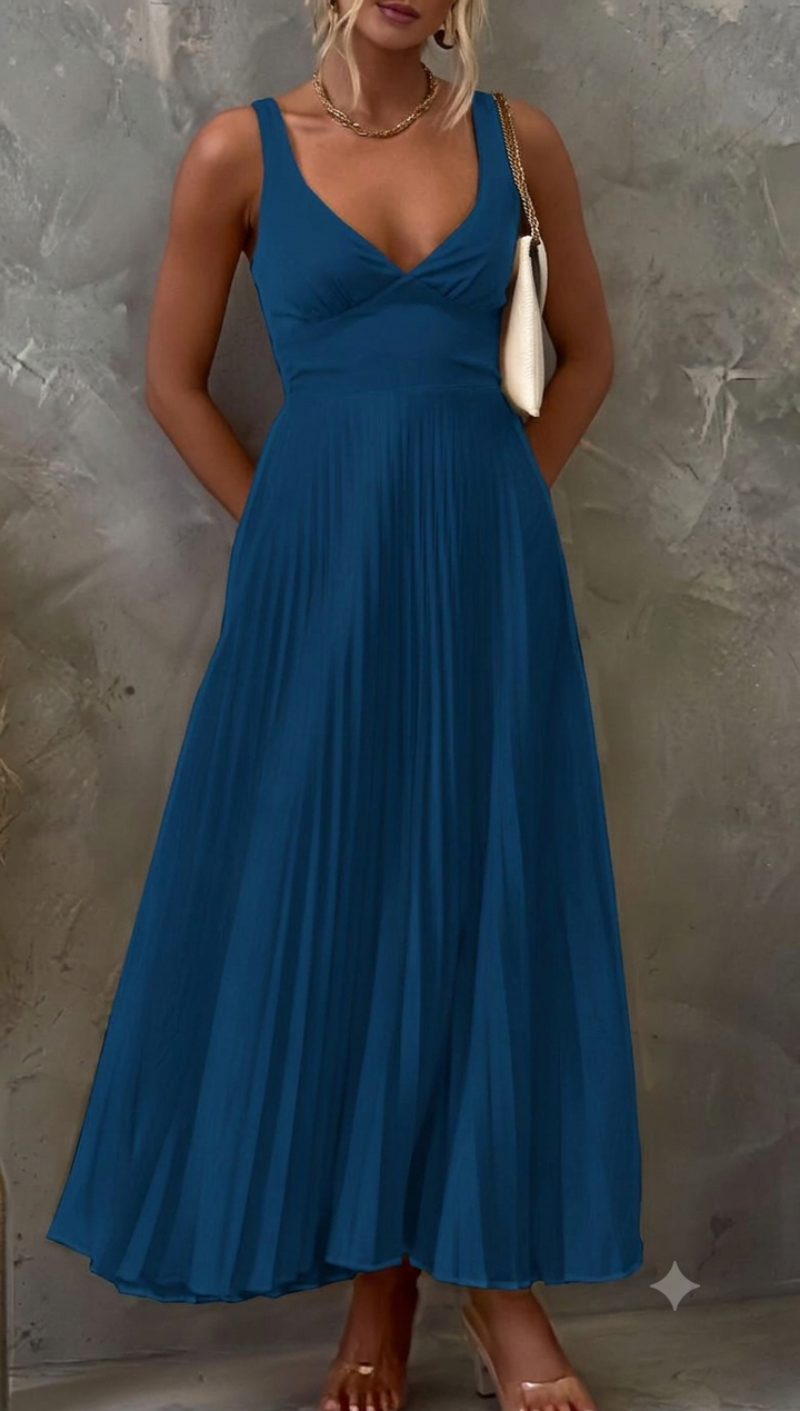 Damen Plissiertes Maxikleid mit V-Ausschnitt und schwingendem Rock W&W Mode
