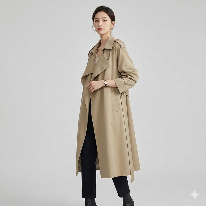 W&W Mode | Eleganter Langer Trenchcoat Bürotasche mit Gürtel