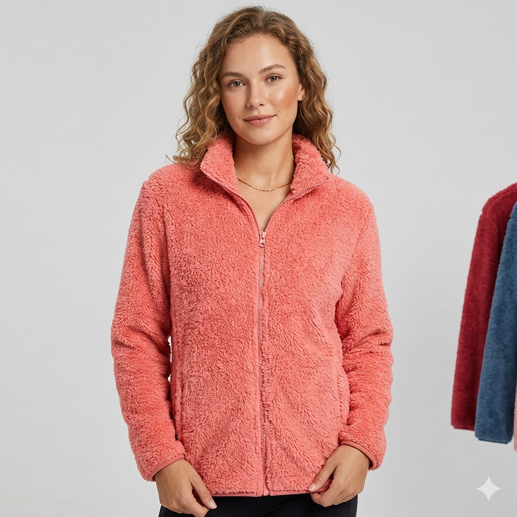 Damen Flauschige Fleecejacke mit hohen Kragen und seitlichen Taschen W&W Mode
