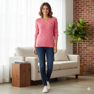 WW | Schnurgestrickter Pullover mit V-Ausschnitt für Damen
