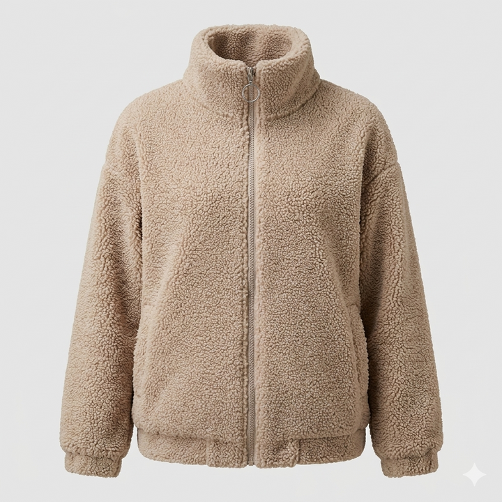 Damen Flauschige Fleecejacke mit hohen Kragen und seitlichen Taschen W&W Mode