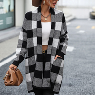 Lange Strickjacke | Warm karierter Cardigan für Frauen