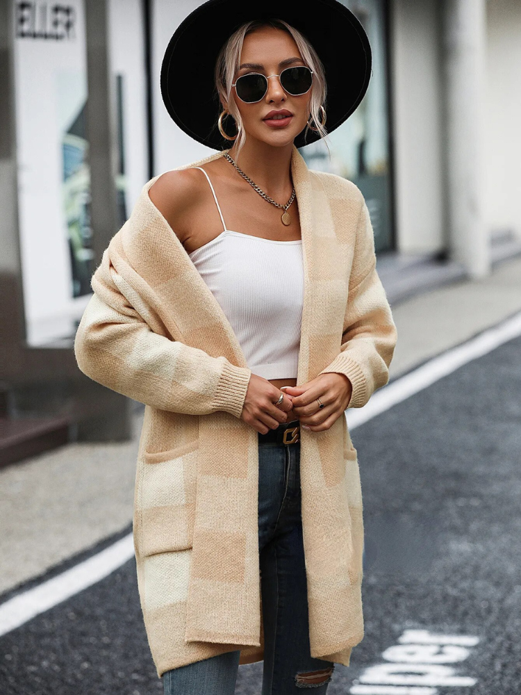 Lange Strickjacke | Warm karierter Cardigan für Frauen