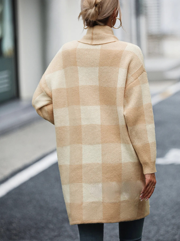 Lange Strickjacke | Warm karierter Cardigan für Frauen