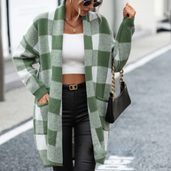 Lange Strickjacke | Warm karierter Cardigan für Frauen