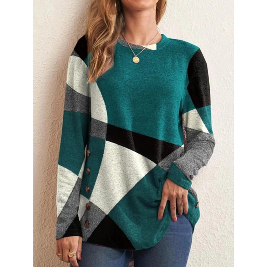 WW | Geometrischer Druck Blau Mit Knopf Damen Shirt Lange Ärmel
