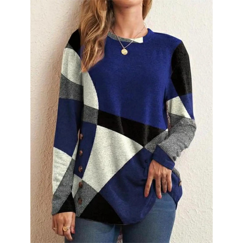 WW | Geometrischer Druck Blau Mit Knopf Damen Shirt Lange Ärmel