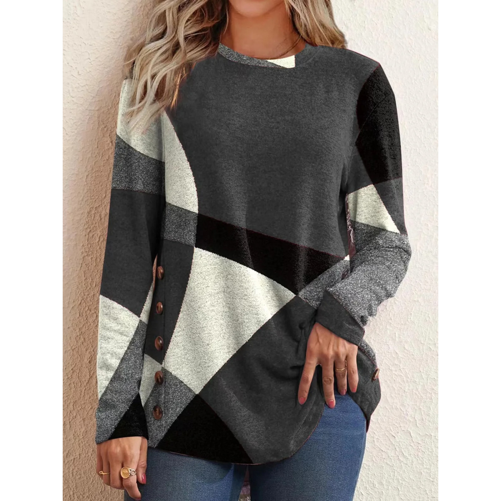 WW | Geometrischer Druck Blau Mit Knopf Damen Shirt Lange Ärmel