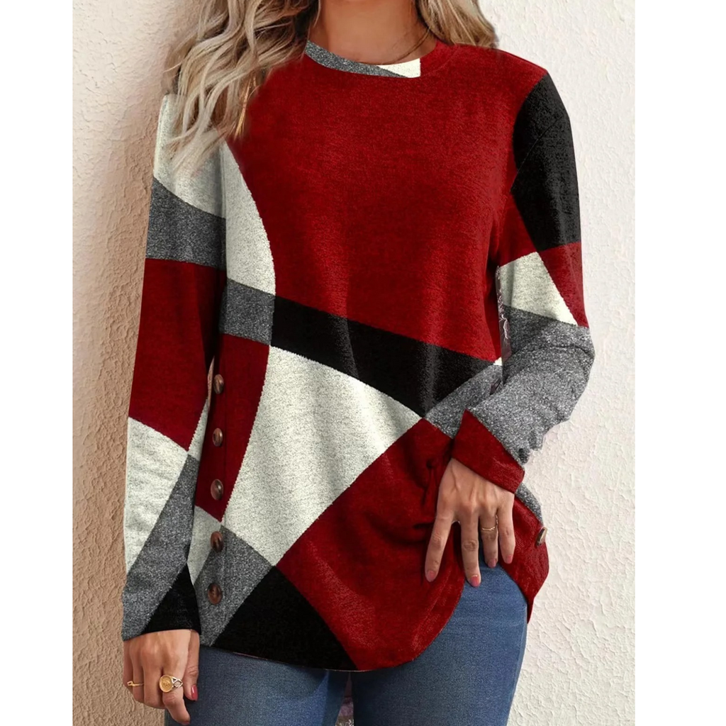WW | Geometrischer Druck Blau Mit Knopf Damen Shirt Lange Ärmel