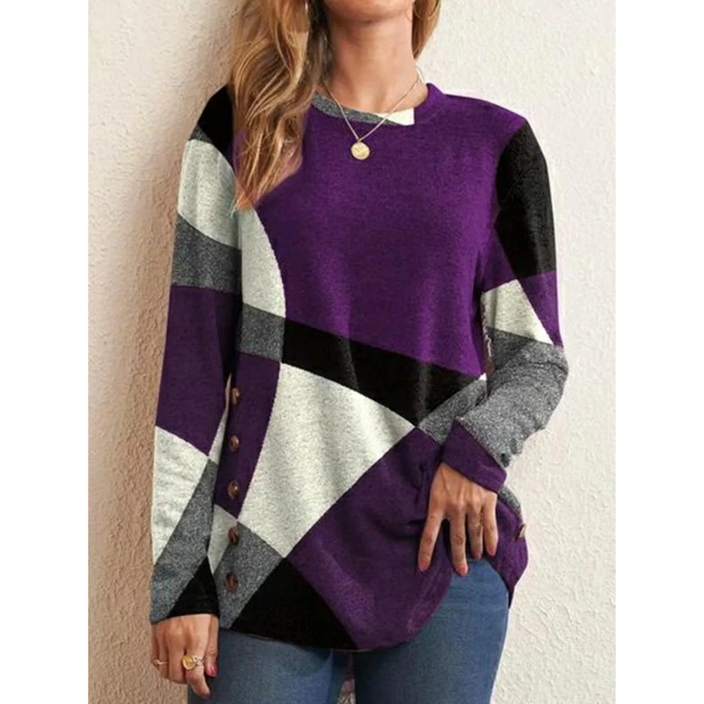WW | Geometrischer Druck Blau Mit Knopf Damen Shirt Lange Ärmel
