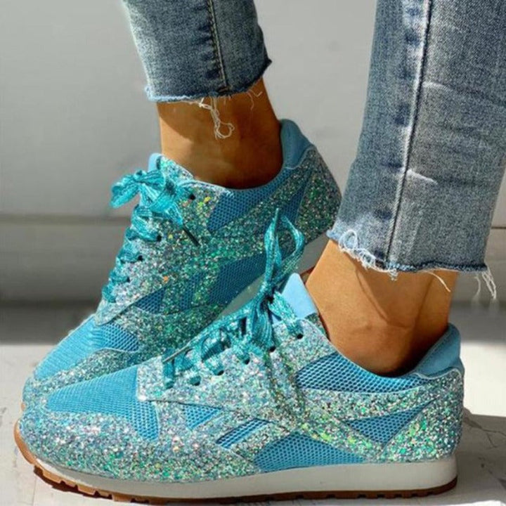 W&W Mode | Glitzer Mesh Schnürung Plattform Komfort Vulkanisierte Sneakers