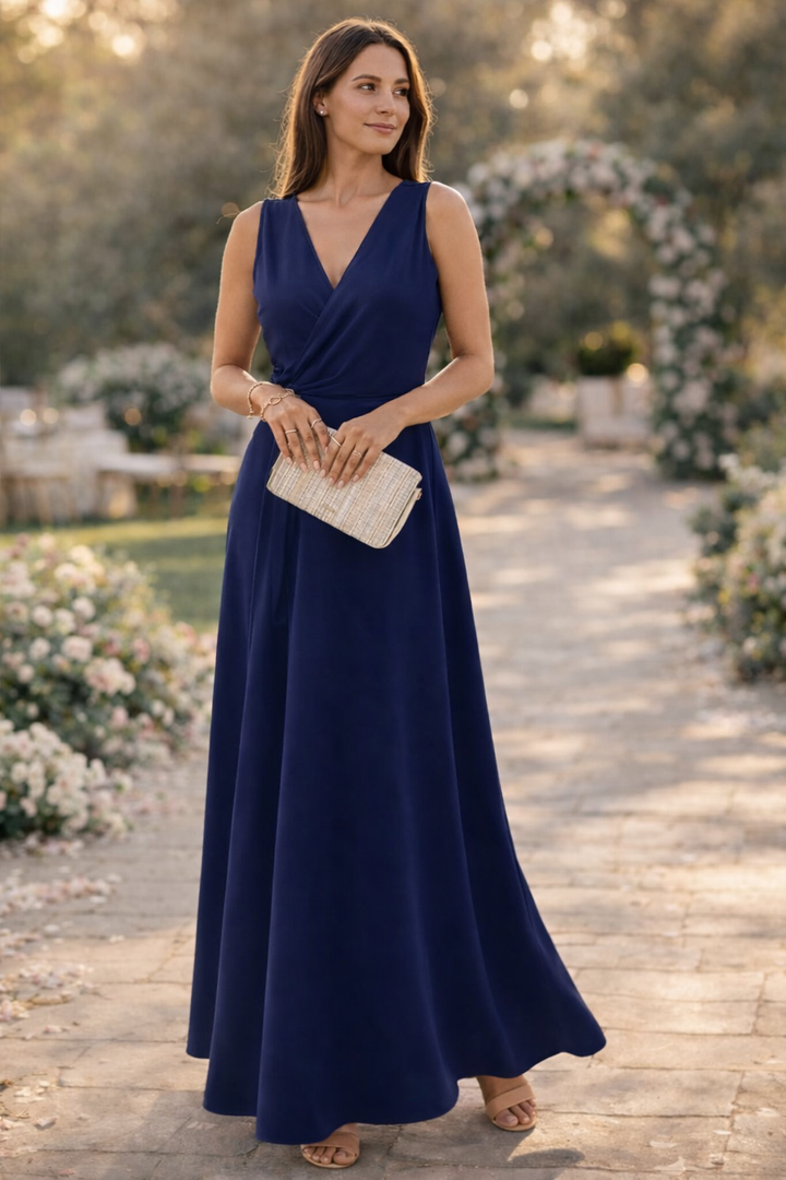 W&W Mode Maxikleid Damen lang elegant V-Ausschnitt ärmellos