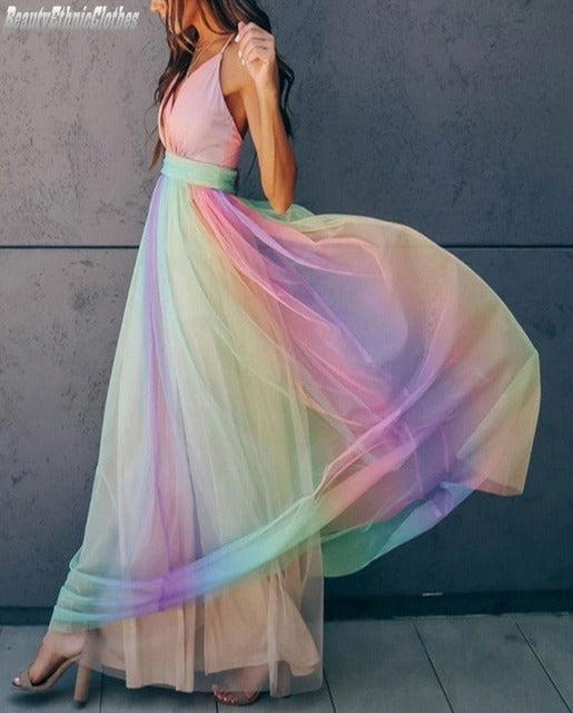 W&W Mode | Regenbogen Spaghettiträger Damenkleid