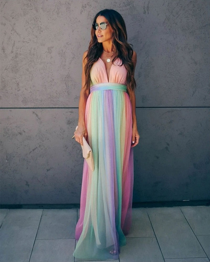 W&W Mode | Regenbogen Spaghettiträger Damenkleid