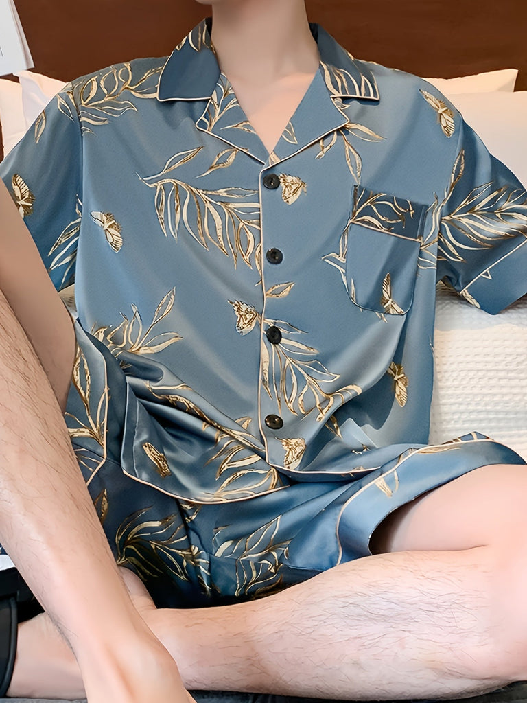 WW | Herren Sommer Eis Seide Pyjama Satz Mit Blumen Und Blättern Druck