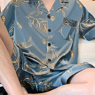 WW | Herren Sommer Eis Seide Pyjama Satz Mit Blumen Und Blättern Druck